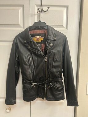 Harley-Davidson Black Leather Bomber Jacket with Belt